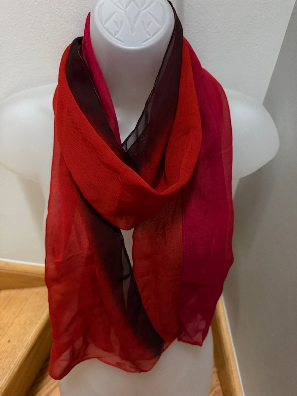 Vintage Dramatic Avenue Ombré Red & Orange Sunset Scarf Wrap (100% Rayon) Y2K